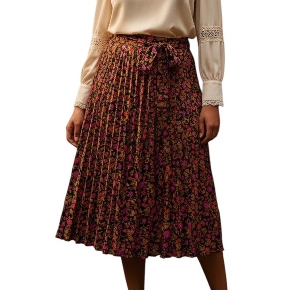 Skies Are Blue Floral Pleated Euro Summer Midi Skirt Cottagecore Dark Fairy L